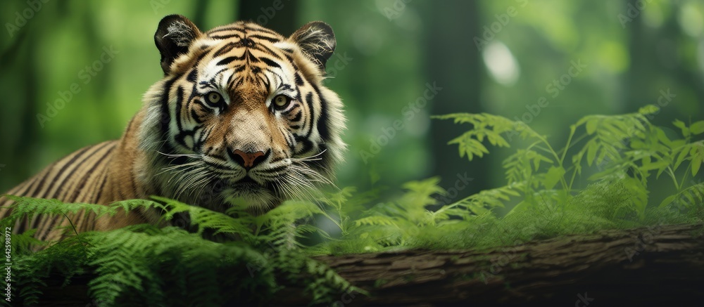 Aufkleber composite image with striped text and forest background representing world tiger day and promoting a