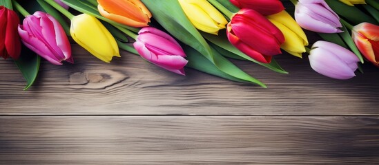 Colorful tulips on wooden table with room for text