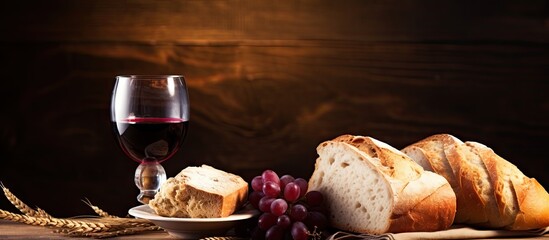 Communion concept Bread wine wooden table space to copy - obrazy, fototapety, plakaty
