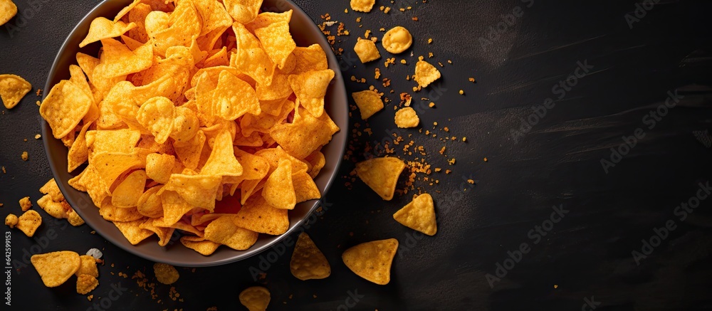 Poster corn nachos scattered from a bowl seen from above on a dark background