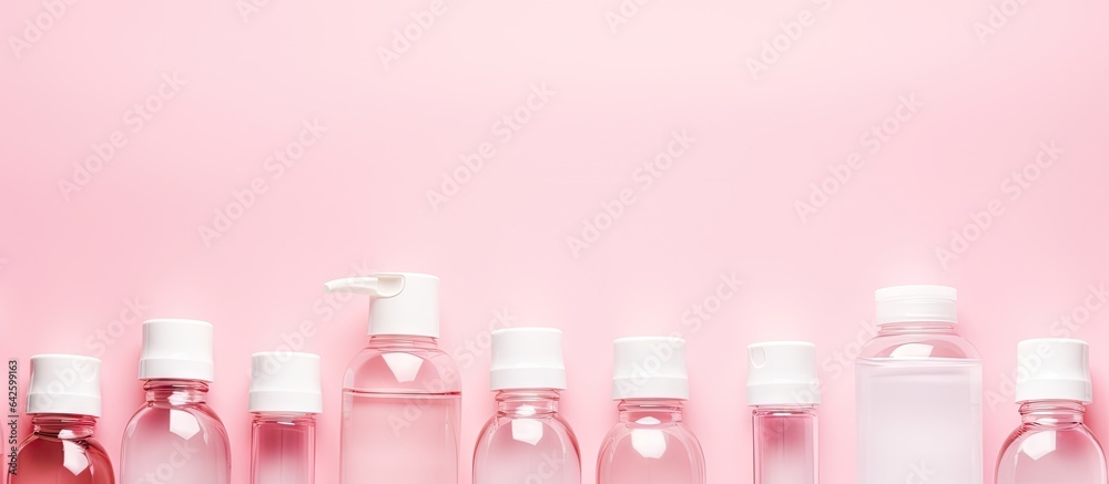 Poster cosmetic product bottles on pink background flat lay room for text