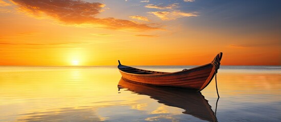 Copy space golden wooden boat silhouette Maldives sunrise