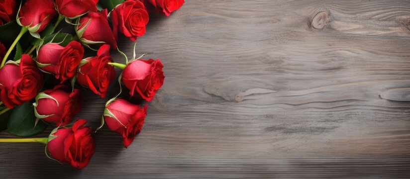 Copy space image with red roses flowers on gray wooden table for greeting card