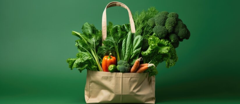 COVID 19 pandemic causes shortage of vegetables in a craft bag and green background with a medical mask