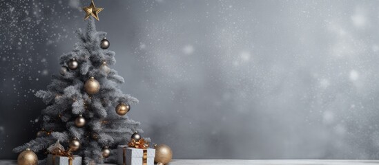 Decorated Christmas tree on a gray backdrop