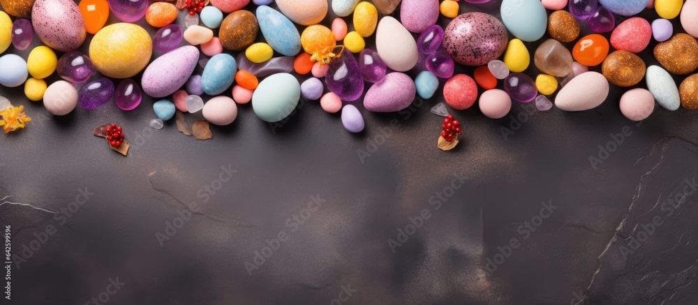 Aufkleber easter themed card with chocolate eggs rabbit and colorful sweets on stone background