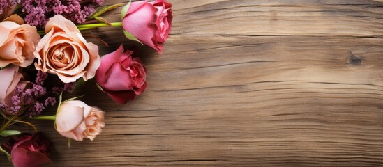 Dried roses bouquet on wood background with space for text
