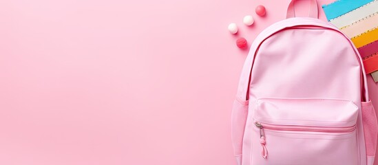 Flat lay of blue school bag backpack and educational tools on pink background representing the back to school concept with empty space for use