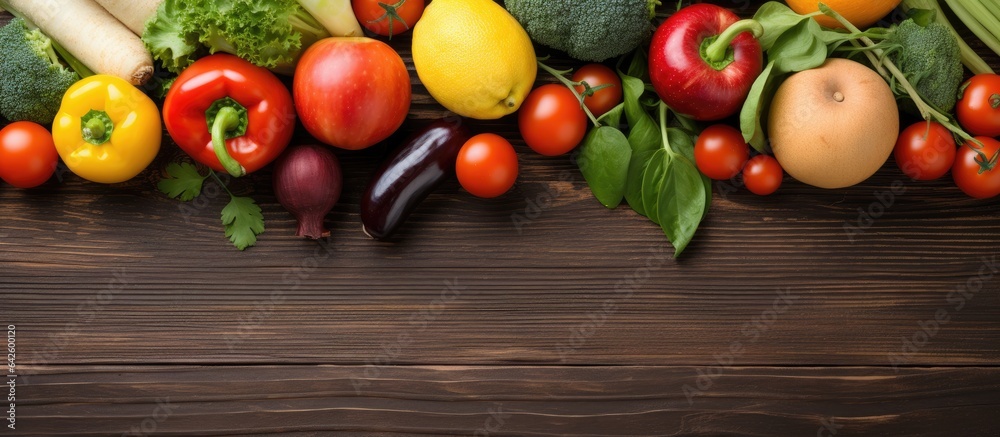 Aufkleber fresh fruits and vegetables arranged on a wooden background promoting a healthy food concept from a 