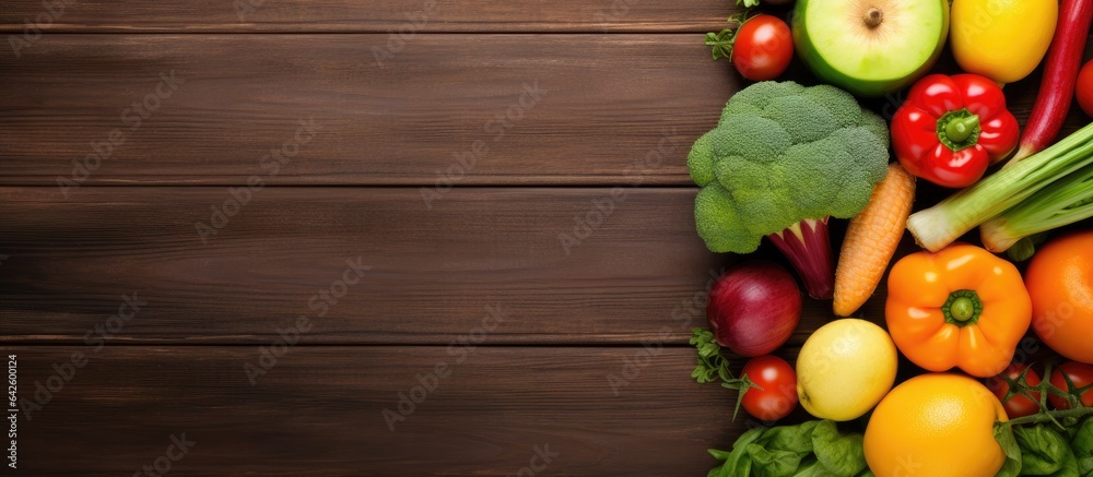 Aufkleber fresh fruits and vegetables arranged on a wooden background promoting a healthy food concept from a 
