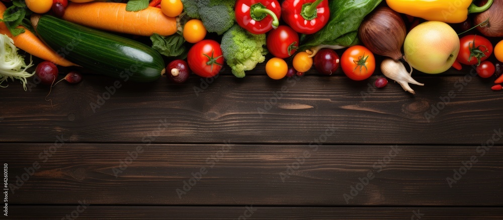 Aufkleber fresh fruits and vegetables arranged on a wooden background promoting a healthy food concept from a 