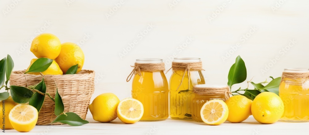 Poster fresh lemon abstract mix in baskets and bowls with marmalade jar promoting healthy eating with white