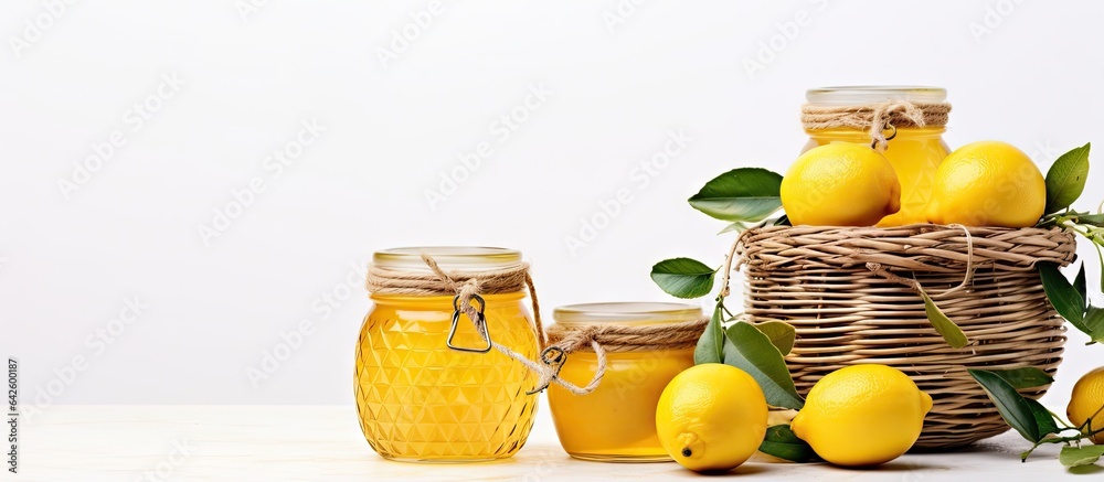 Poster fresh lemon abstract mix in baskets and bowls with marmalade jar promoting healthy eating with white