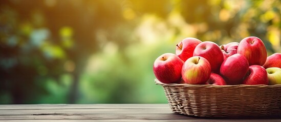 Fresh red apples in a basket on a garden table with space for text