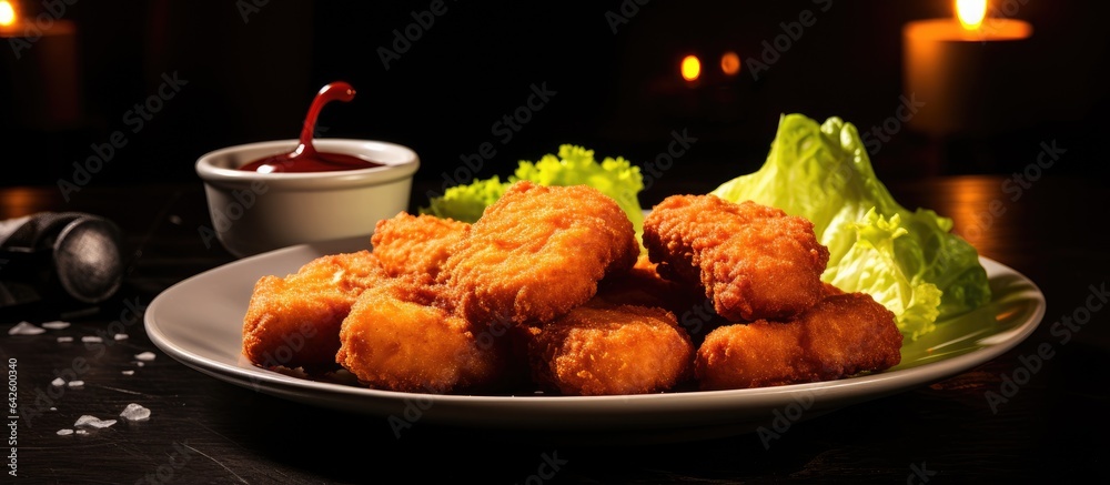 Poster Fried nuggets with sauce and lettuce on a plate dark and low angle view