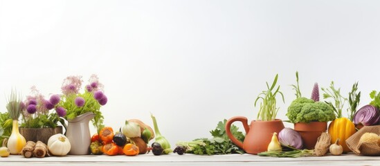Garden supplies grouped on a white surface