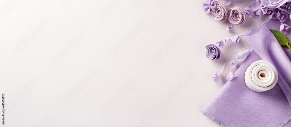 Poster handmade sewing background with beige and lilac velvet paper spools of threads and copy space top vi