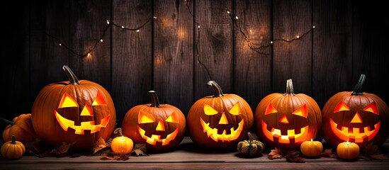 Halloween pumpkins on wooden surface with room for text
