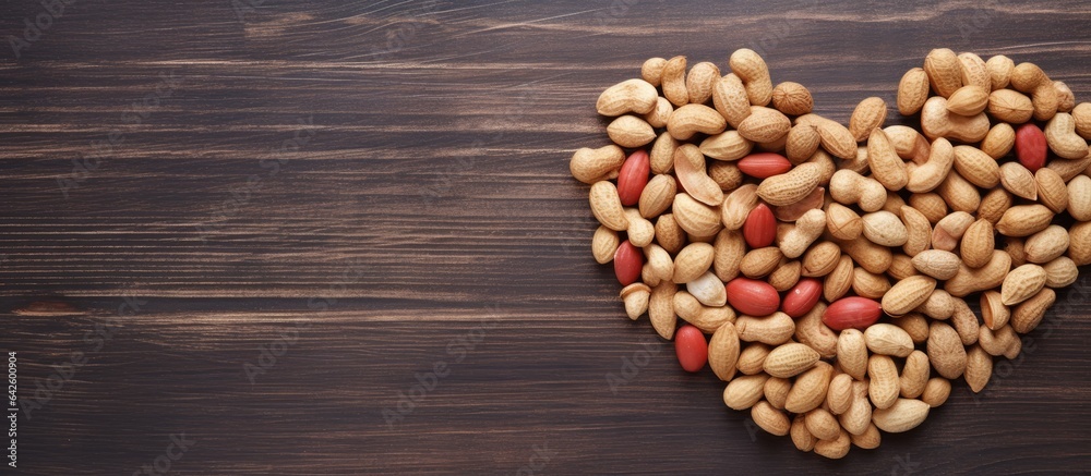 Poster Heart shaped peanuts arranged in a flat lay view with copy space from above