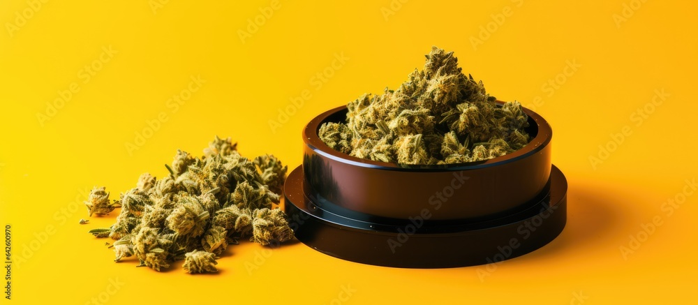 Poster High quality marijuana bud being chopped in a grinder on a yellow background featuring a sleek minimalistic flat lay with blank space for text