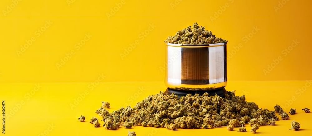 Poster High quality marijuana bud being chopped in a grinder on a yellow background featuring a sleek minimalistic flat lay with blank space for text
