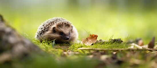 Hedgehog exploring lush mossy area under the sun