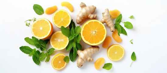Ingredients for homemade immunity boosting drink ginger citrus juice orange lemon lime mint leaves Background white view from top space for copy - obrazy, fototapety, plakaty
