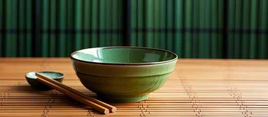 Items on a mat made of bamboo a green bowl and chopsticks