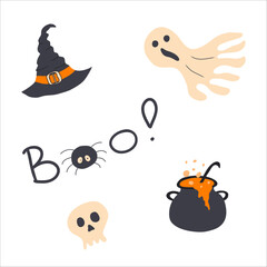 Halloween set, witch hat, ghost, skull, potion, spider, boo. vector isolated illustrations in cartoon style