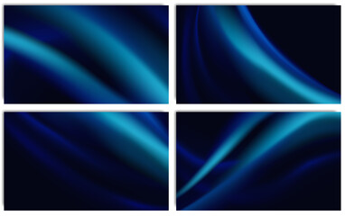 Set of 4 dark blue dynamic backgrounds with blurred vivid cyan curves. Abstract fluid wavy wallpapers for website page, banner, poster, etc. Digital technology, space backdrop covers