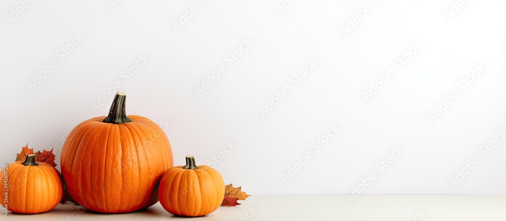 Poster minimal composition with autumnal elements halloween theme featuring a photo frame capped pumpkins a