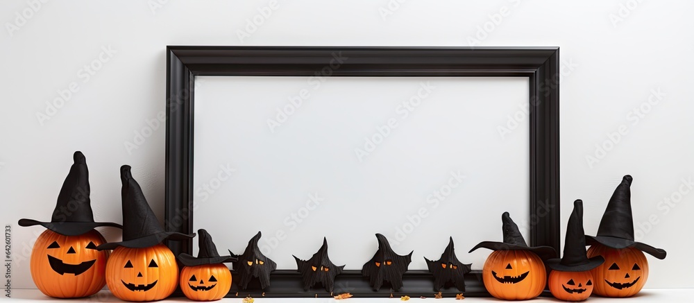Poster minimal composition with autumnal elements halloween theme featuring a photo frame capped pumpkins a