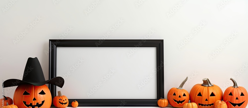 Poster Minimal composition with autumnal elements Halloween theme featuring a photo frame capped pumpkins and a bat against a light wall Front view with space for text