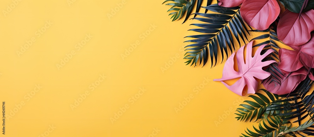 Poster Minimal summer exotic concept with colorful tropical leaves on a monochromatic background ideal for inserting text
