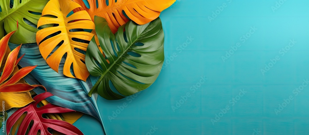 Poster minimal summer exotic concept with colorful tropical leaves on a monochromatic background ideal for 