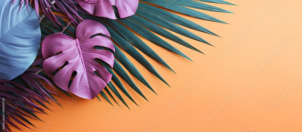 Poster Minimal summer exotic concept with colorful tropical leaves on a monochromatic background ideal for inserting text