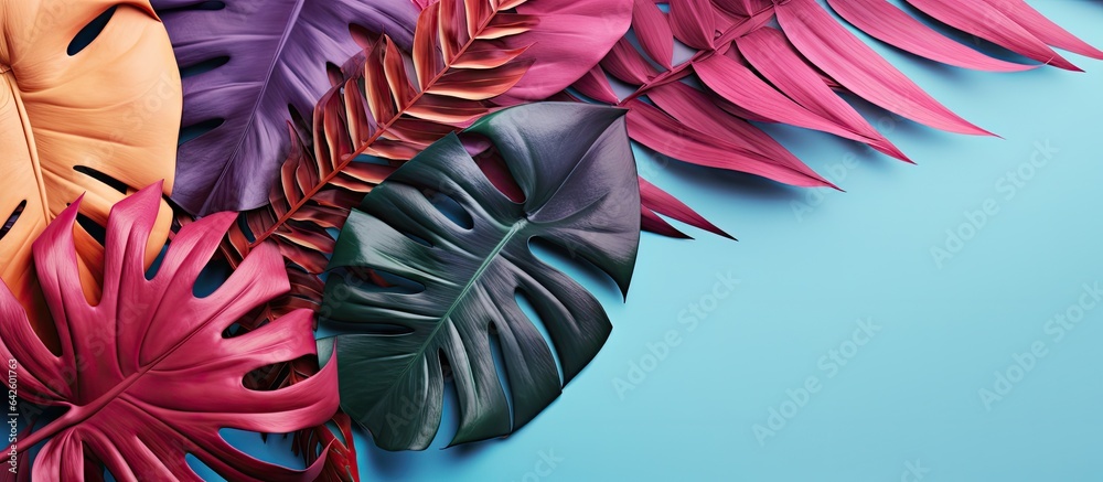 Aufkleber Minimal summer exotic concept with colorful tropical leaves on a monochromatic background ideal for inserting text