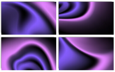 Set of abstract dynamic backgrounds with blurred bright pink and purple gradient curves. Template of fluid digital wallpapers for desktop, website page, banner, advertising. Wavy futuristic backdrops