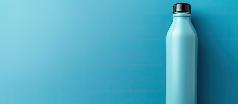 Minimalistic metallic bottle on blue background Zero waste with space for text