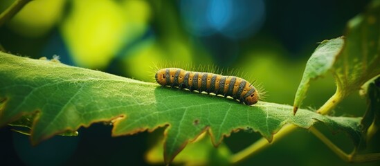 Moth caterpillar in yellow On a leaf - Powered by Adobe