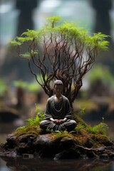A statue of a person sitting on a rock with a tree in the background. Generative AI image.