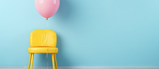 Pastel blue balloon with a yellow chair against a pink background designed creatively for a festive birthday or Christmas celebration Minimalistic party concept