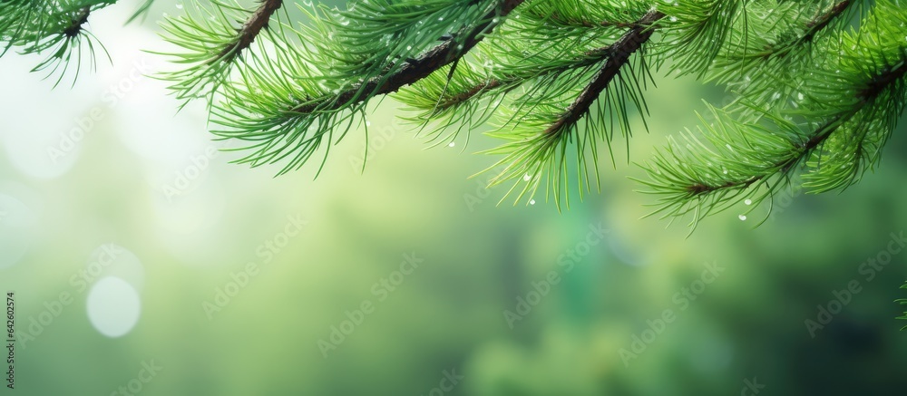 Aufkleber pine tree branches with stunning bokeh on green backdrop
