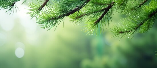Fototapeta na wymiar Pine tree branches with stunning bokeh on green backdrop