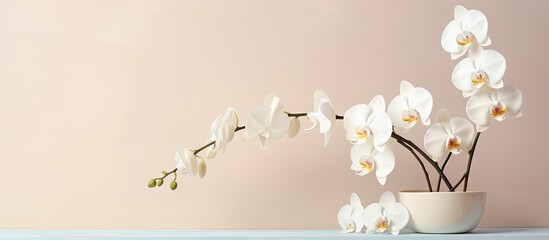 Photograph of white Cooktown Orchid on beige studio background