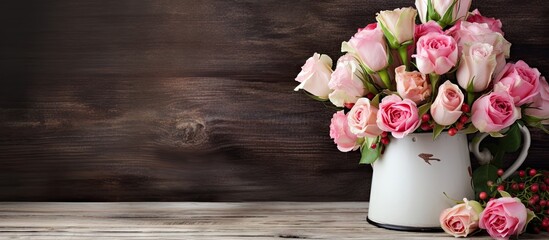 Pink and beige roses in vintage enamel coffee pot on old wooden barn board background