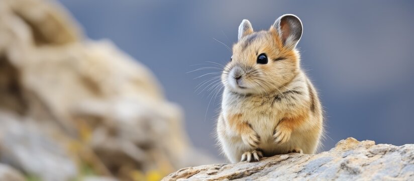 Pika sitting on rock looking right with space for text