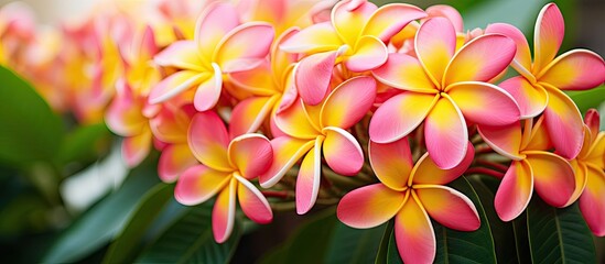Plumeria flowers in colorful gradient shades bloom close up with green leaf backdrop