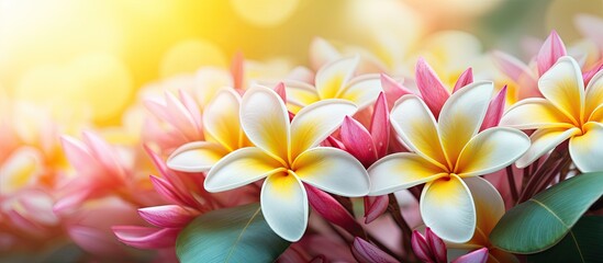 Plumeria flowers in colorful gradient shades bloom close up with green leaf backdrop