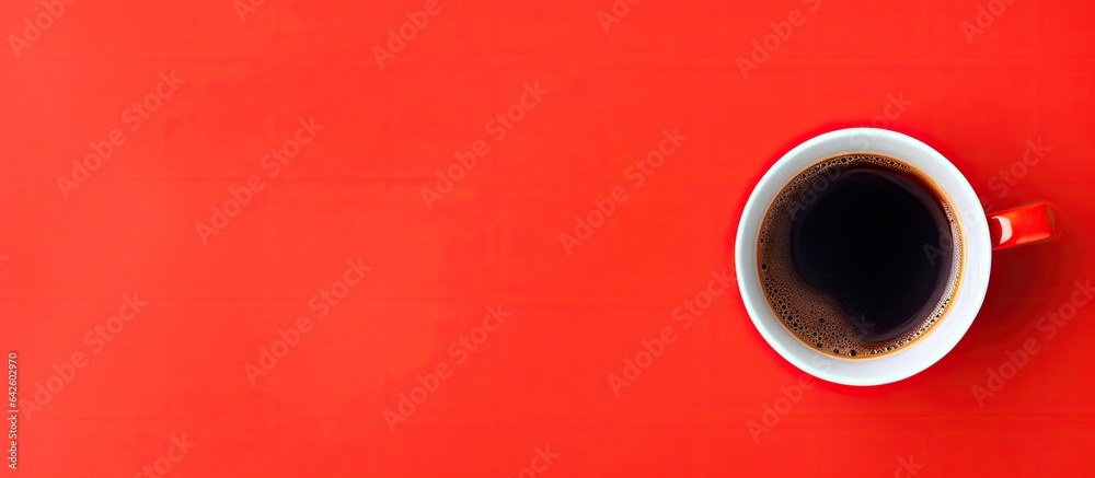 Poster red cup of coffee seen from above with empty background